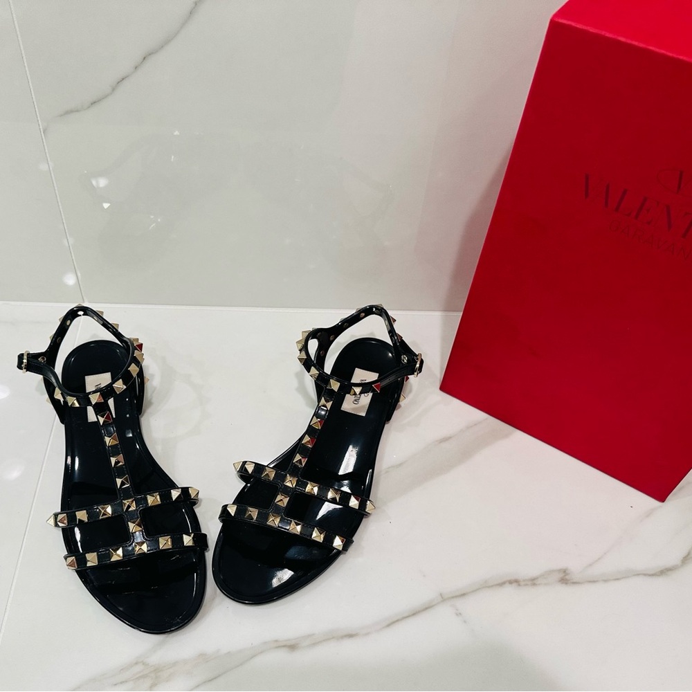 Valentino Rockstud Black Sandals with Gold Studs